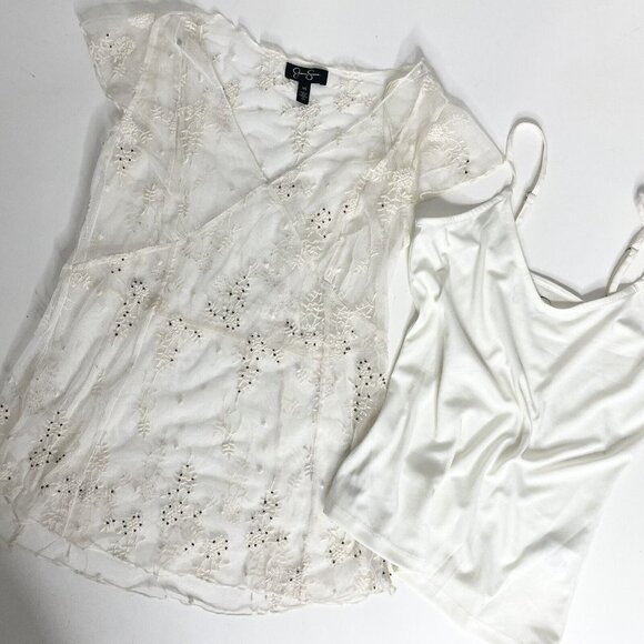 NWOT Jessica Simpson XS Cream Lace Beaded V Neck Sheer Blouse Sheer w/Camisole - Picture 11 of 11